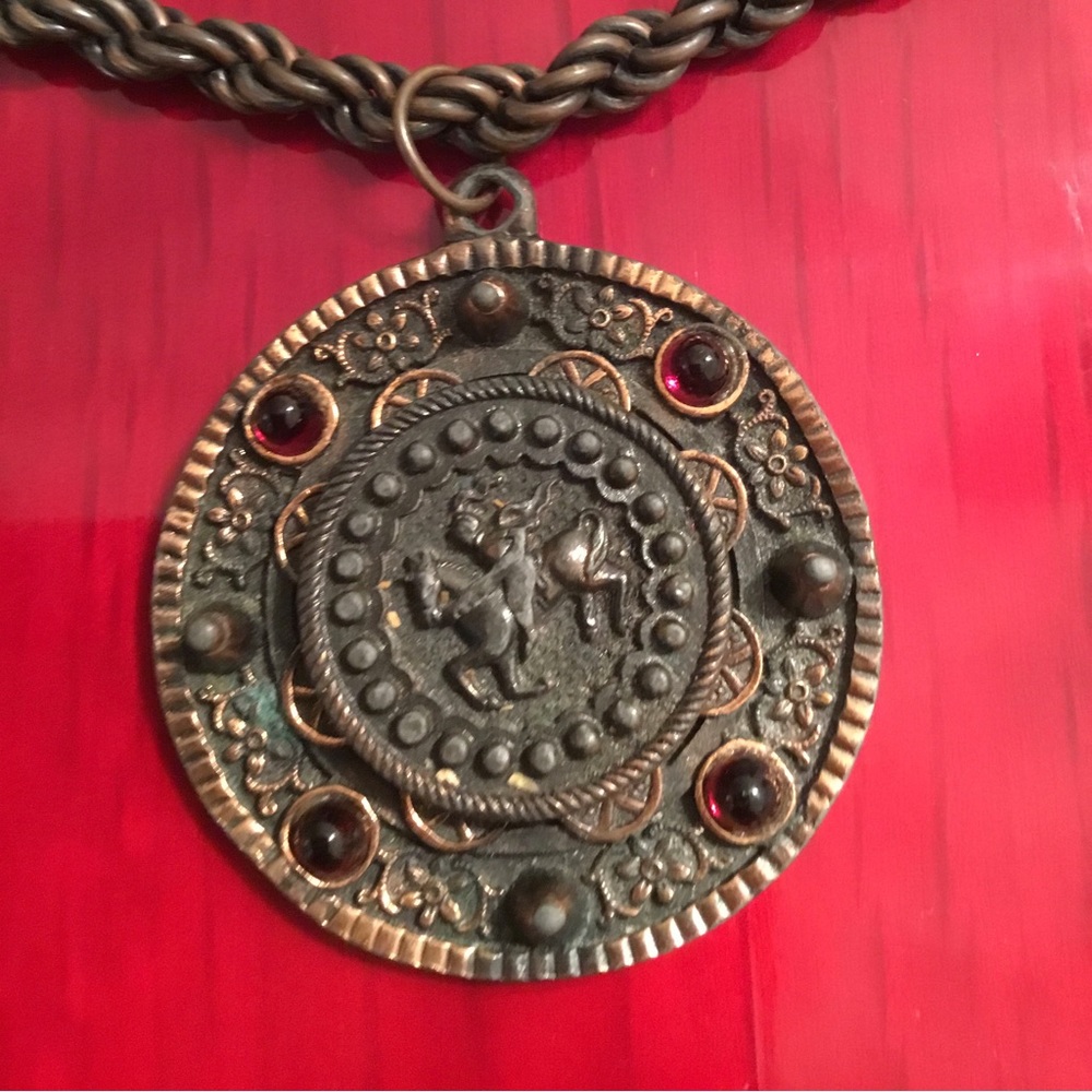 Rare heavy bronze medallion pendant with original chain